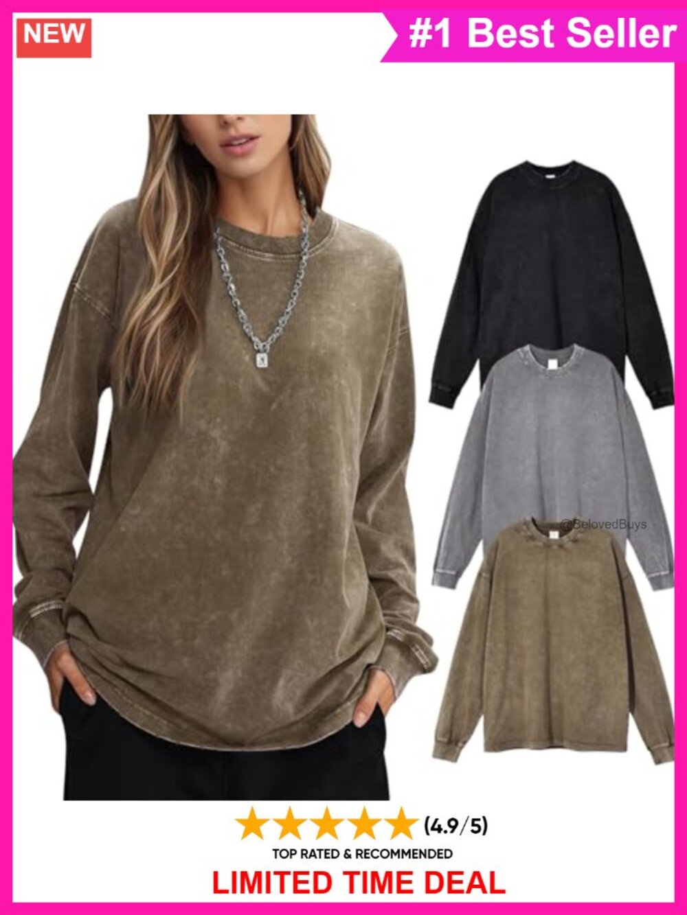 Oversized Long Sleeve T-Shirt 3 Pack Cotton Acid Wash Baggy Unisex Tees
